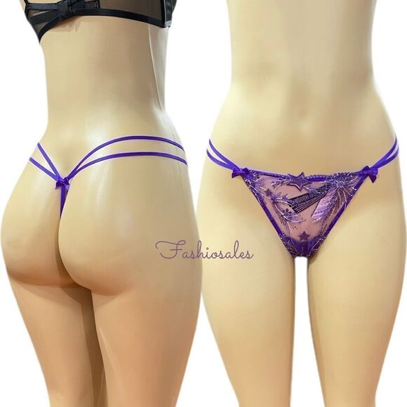 Victorias Secret Very Sexy Starstruck Mesh V- string thong panty Bright Violet M - Picture 2 of 8